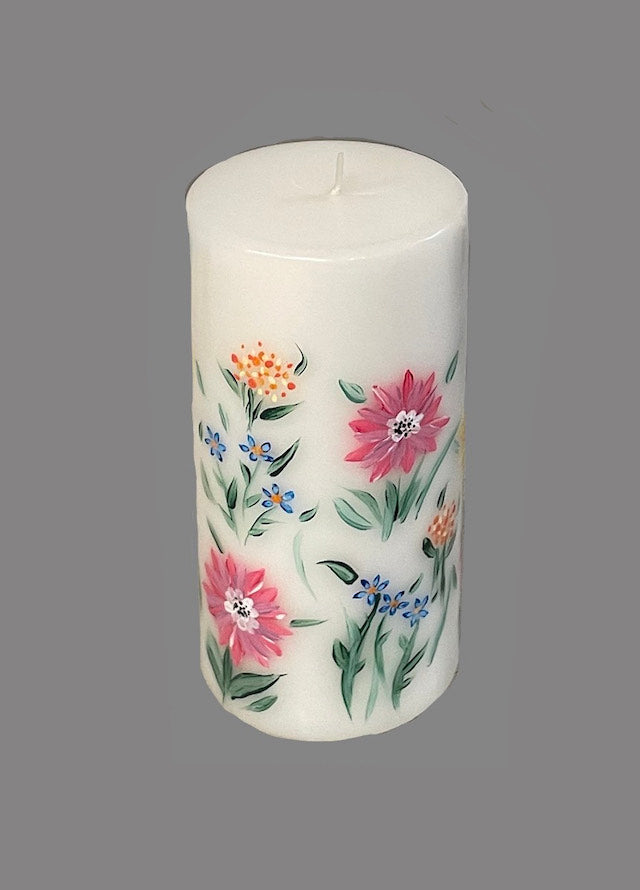 Hand-Painted Floral Pillar Candle