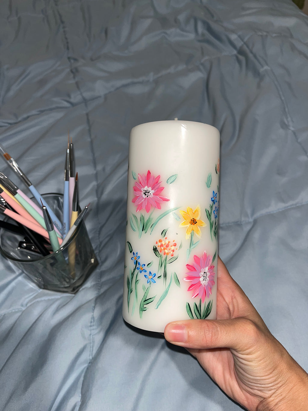 Hand-Painted Floral Pillar Candle