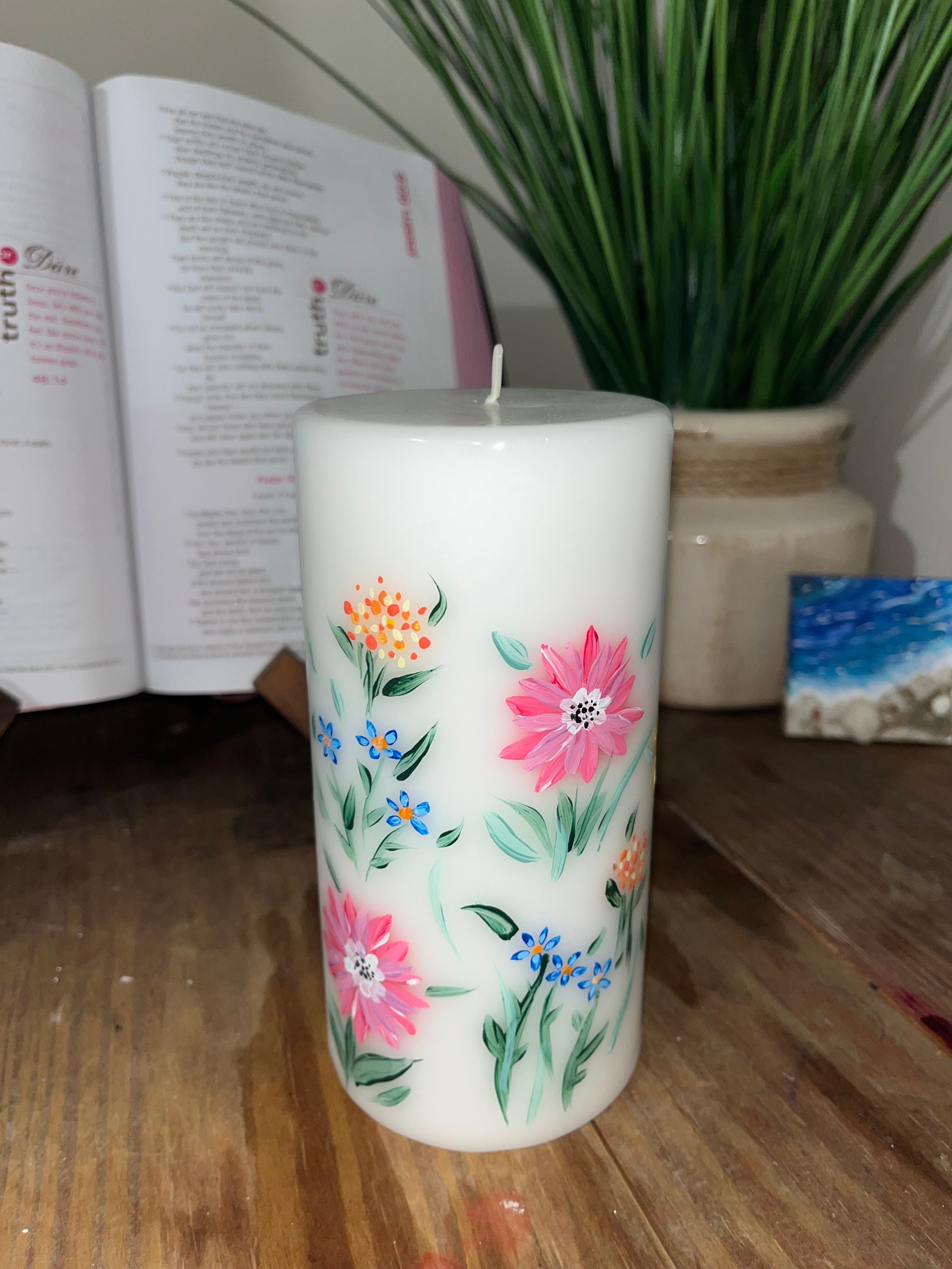 Hand-Painted Floral Pillar Candle