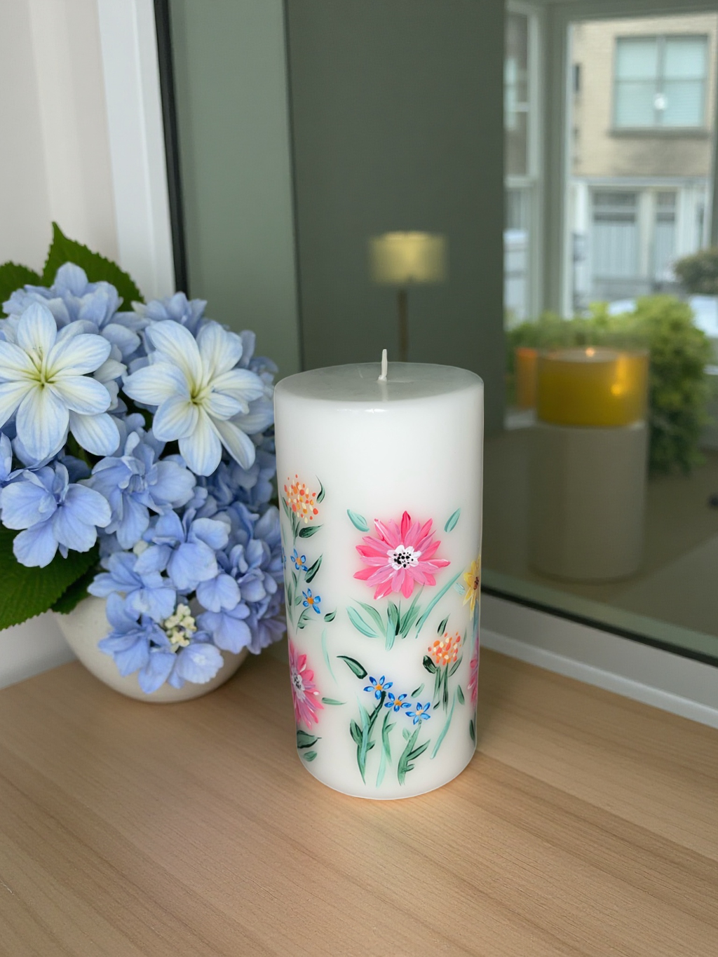Hand-Painted Floral Pillar Candle